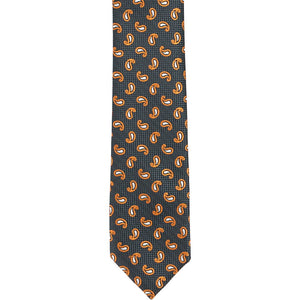 The front of a gray and orange skinny tie with a small paisley pattern
