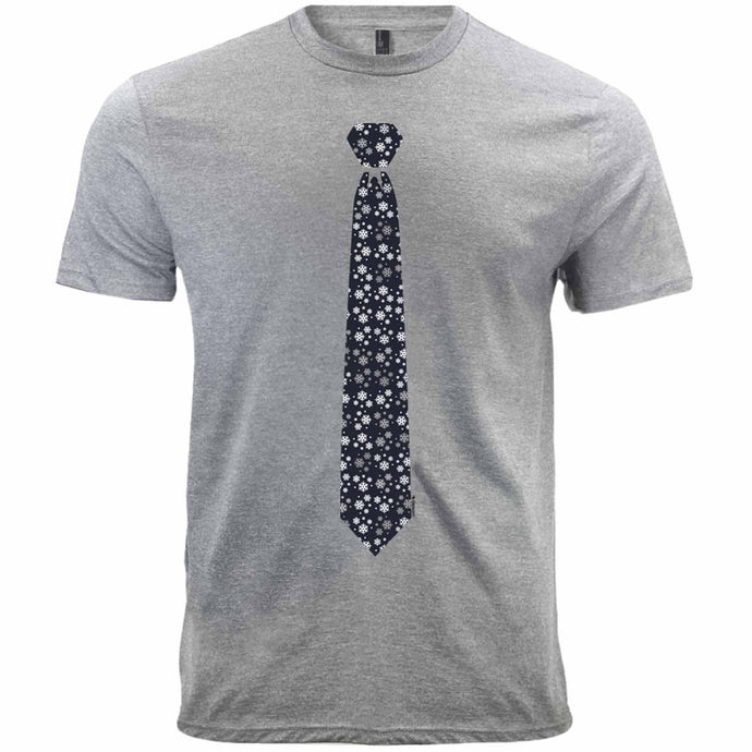 A snowflake necktie design on a light gray t-shirt