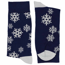 Load image into Gallery viewer, Folded men’s navy crew socks with white snowflake pattern, cotton crew socks for winter