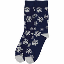 Load image into Gallery viewer, Pair of men’s navy crew socks with white snowflake pattern, cotton holiday socks