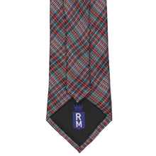 Load image into Gallery viewer, A necktie with a spruce, red and white plaid pattern, featuring a black tip with a RM crest logo.