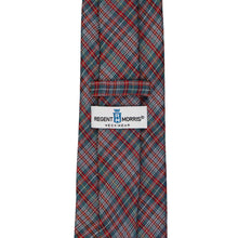 Load image into Gallery viewer, A necktie with a spruce, red and white plaid pattern, featuring a white brand label for 'Regent Morris Neckwear' in the center.