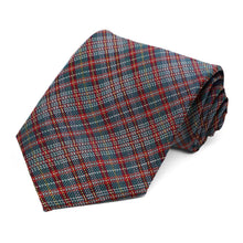 Load image into Gallery viewer, A rolled necktie with a textured plaid pattern in spruce, crimson red, and white, displayed on a clean white background