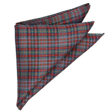 Load image into Gallery viewer, A folded plaid pocket square in a spruce, red and white pattern, shown on a plain white background.