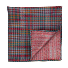 Load image into Gallery viewer, A folded square pocket square with a spruce, crimson red, and white plaid pattern on one side and a red textured pattern on the reverse, shown on a plain white background.