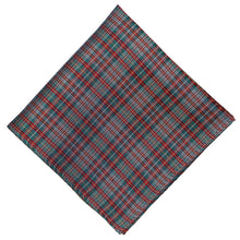 Load image into Gallery viewer, A square woven fabric pocket square, featuring a classic plaid pattern in spruce, crimson red, and white, shown on a plain white background.