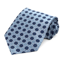 Load image into Gallery viewer, A rolled necktie with a geometric pattern of steel blue and navy octagons, displayed on a clean white background.