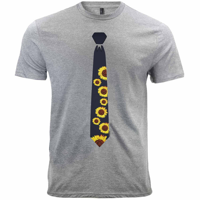 A sunflower necktie design printed on a light gray men's t-shirt