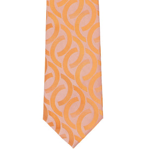 The front of a tangerine orange tie with a large link pattern