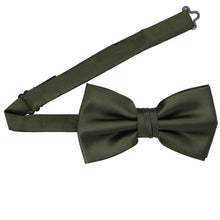 Load image into Gallery viewer, A large pre-tied tarragon (dark green) bow tie with an open band collar