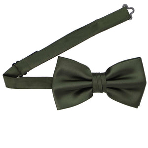 A large pre-tied tarragon (dark green) bow tie with an open band collar