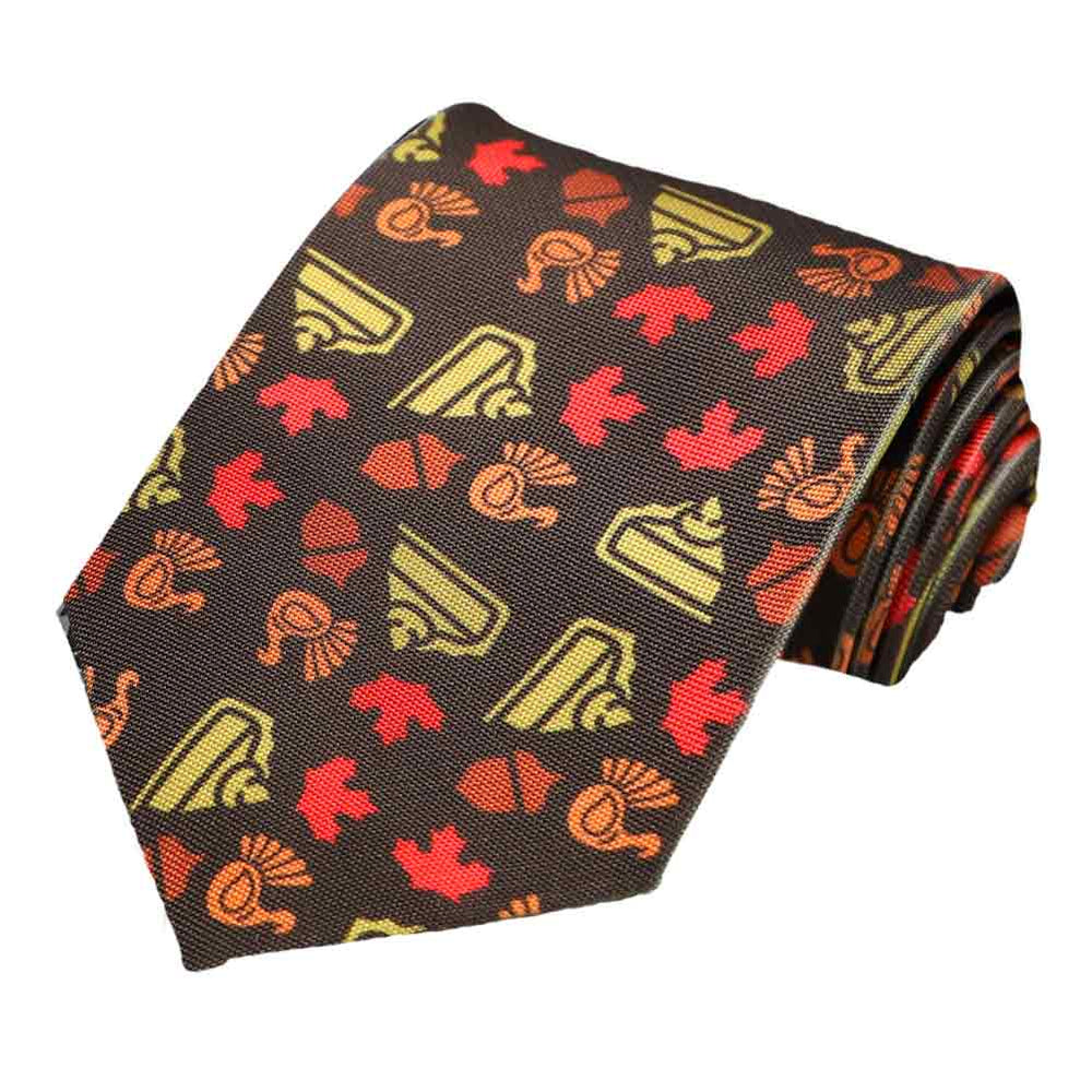 A brown extra long tie with Thanksgiving icons