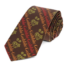 Load image into Gallery viewer, A brown Thanksgiving slim tie with a striped turkey and gobble design