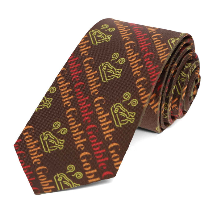 A brown Thanksgiving slim tie with a striped turkey and gobble design