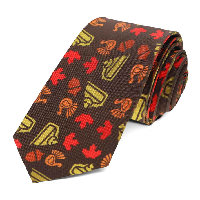 A brown slim tie with an all over Thanksgiving themed pattern