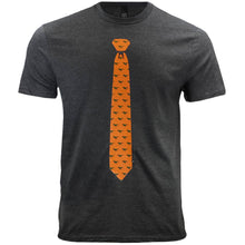 Load image into Gallery viewer, A gray men&#39;s t-shirt with an orange t-rex necktie design