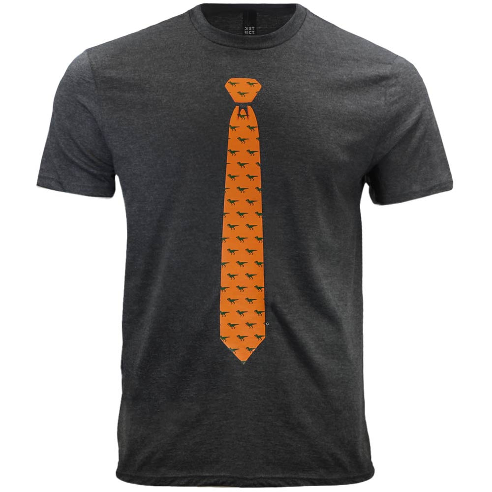 A gray men's t-shirt with an orange t-rex necktie design