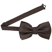 Load image into Gallery viewer, A truffle brown pre-tied bow tie with the band collar open