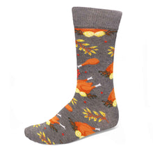 Load image into Gallery viewer, A gray men&#39;s crew sock with a cooked turkey pattern