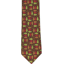 Load image into Gallery viewer, The front of a brown slim tie with colorful turkey feathers