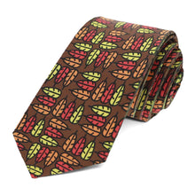 Load image into Gallery viewer, A brown slim Thanksgiving tie with an all-over turkey feather pattern