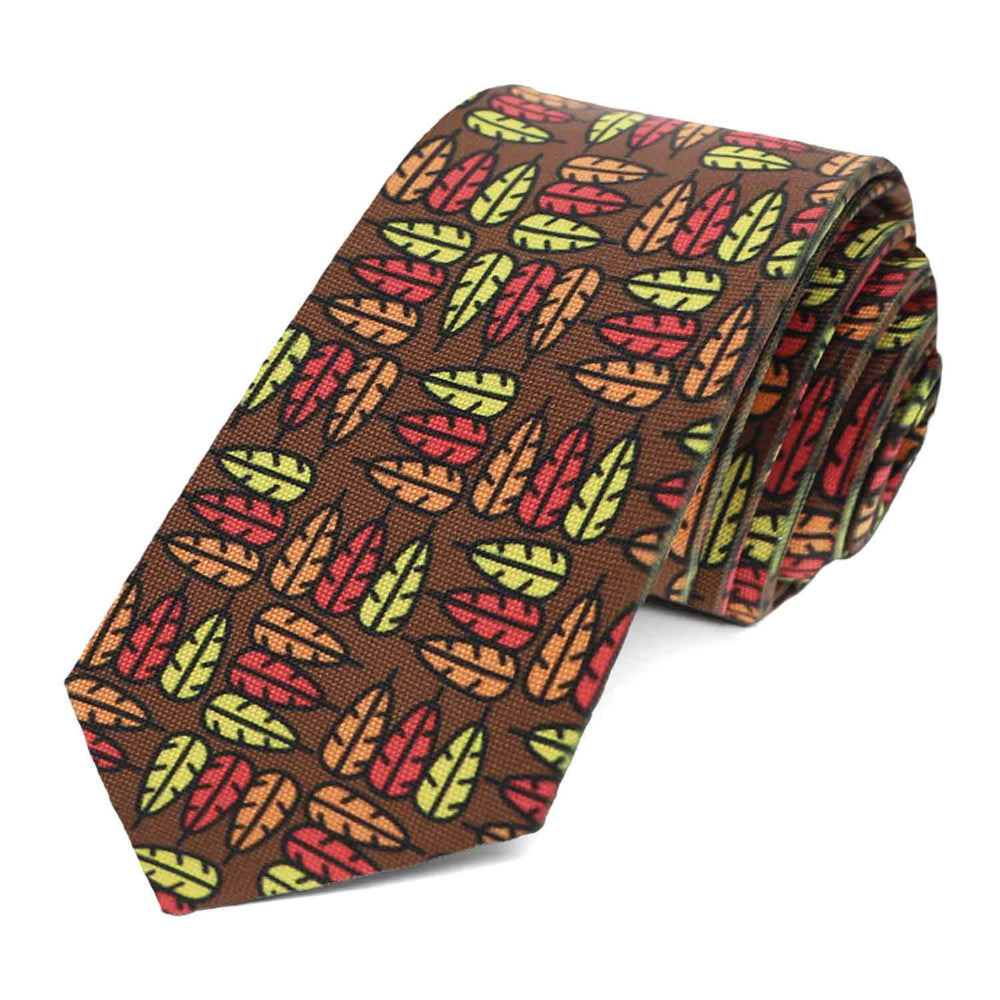 A brown slim Thanksgiving tie with an all-over turkey feather pattern
