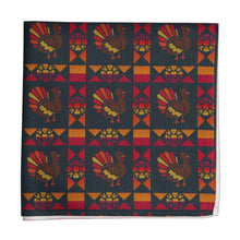 Load image into Gallery viewer, Patterned pocket square with turkeys and geometric shapes on a dark blue background
