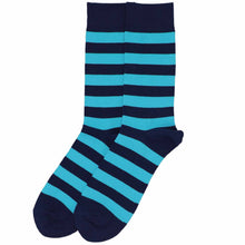 Load image into Gallery viewer, A pair of men&#39;s turquoise and navy blue striped socks, laid out flat