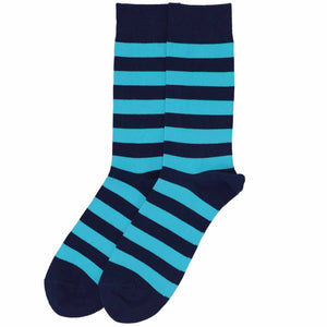 A pair of men's turquoise and navy blue striped socks, laid out flat