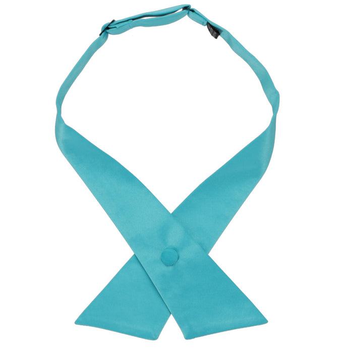 A turquoise crossover tie with a fabric covered snap