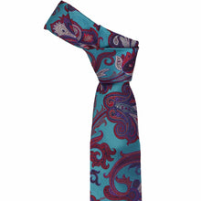 Load image into Gallery viewer, Turquoise knotted necktie with red and purple paisley pattern on a white background