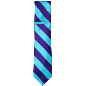 A turquoise on a dark purple and turquoise striped skinny tie