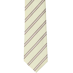The front of a vanilla slim tie with pencil stripes, laid out flat