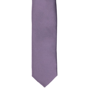 The front of a victorian lilac skinny tie, laid flat