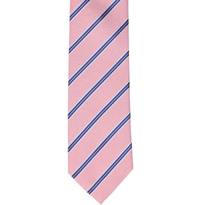 The front of a pink pencil stripe tie, laid flat