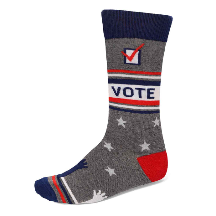 Vote themed men's sock in gray, red and dark blue