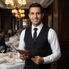 Load image into Gallery viewer, Waiter in a black tie and vest holding a menu in a restaurant setting