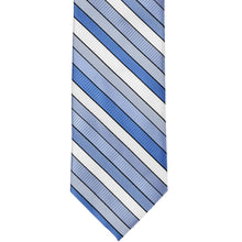Load image into Gallery viewer, The front of a blue striped tie, laid out flat