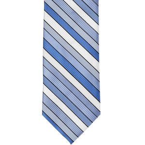 The front of a blue striped tie, laid out flat