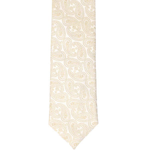 The front of a wheat brown paisley slim tie, laid flat