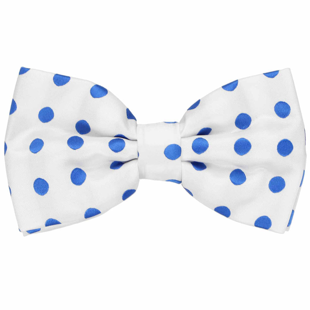 A men's white pre-tied bow tie with medium-sized blue polka dots 