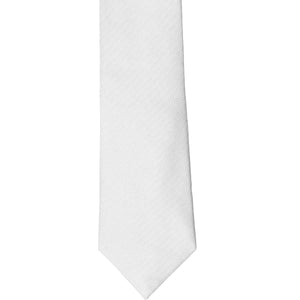 The front of a white herringbone slim tie, laid out flat