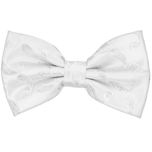A white bow tie with a small metallic paisley pattern