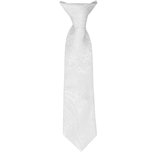 A kids-sized white clip-on tie, laid out flat