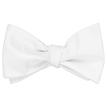 Load image into Gallery viewer, Solid white self-tie bow tie, tied