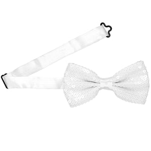 An all white sequin bow tie pre-tied with the band collar open
