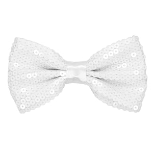 A closeup of the bow on a pre-tied white sequin bow tie