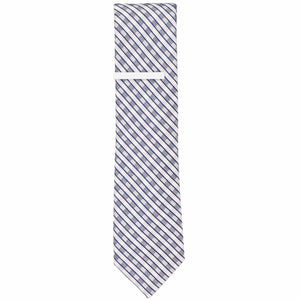 A white tie bar on a blue and white checked skinny tie