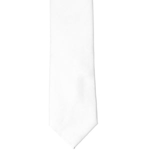 The front of a white slim tie, laid out flat