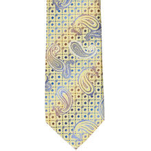 Load image into Gallery viewer, Yellow tie with blue and brown paisley pattern on a white background